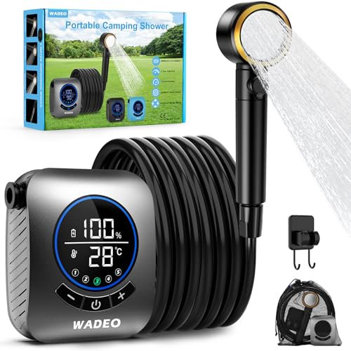 WADEO Tragbare Dusche mit Pumpe, 8000mAh wiederaufladbare Campingdusche mit LED-Anzeige, Schnellkupplungsschlauch, 4 Sprühmodi, IPX8 wasserdichte Outdoor-Camp-Pumpe für Wandern Camping Reisen Auto
