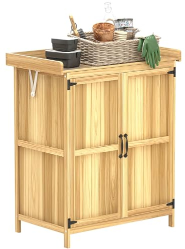 Outsunny Outdoor Storage Cabinet, Garden Tool Shed with Metal Tabletop and Shelf, Wooden Potting Bench with 2 Doors for Backyard, Patio, Lawn, Natural Wood