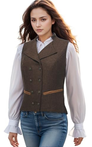 UniqKaliber Gilet de costume à col en V pour femmes, vêtement de travail en tweed coupe ajustée, gilet de bureau à double boutonnage avec revers business habillé