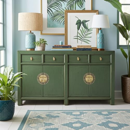 OPIUM OUTLET Cómoda china Asia aparador armario aparador buffet armario boda vintage estilo colonial shabby chic estilo oliva verde