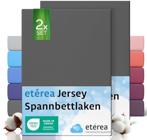 etérea Jersey 2er Set Spannbettlaken 90x200cm - 100x200cm Anthrazit bis 25 cm Höhe - 100% Baumwolle Spannbetttuch Oekotex - Doppelpack Bettlaken 90x200 cm - 100x200 cm - Dunkelgrau