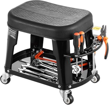 VEVOR Taburete Mecánico con Ruedas Carga de 136 kg Asiento de Garaje Giratorio de 360° Taburete de Trabajo con Bandeja para Herramientas para Garaje, Taller, Reparación de Automóviles, Negro