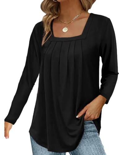 XFSRG Camiseta Mujer de Manga Larga Elegantes Cuello Cuadrado Plisado Blusa Casual Basica Suelta Camisa Shirts Holgado Ropa para Otoño Verano（Negro,L）
