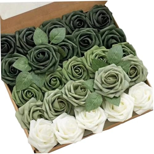 CGTQROVR Green Roses Artificial Flowers 25PCS Lifelike Foam Green Flowers with Stem Artificial Roses for Wedding Bouquets Bridal Shower Centerpieces