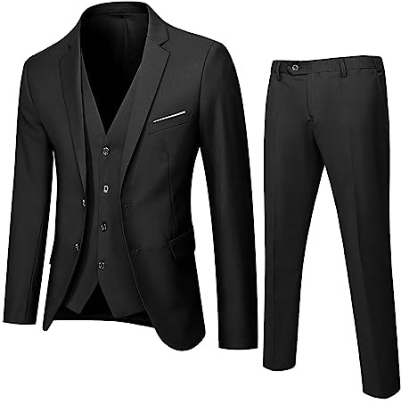 2025 Traje de hombre Slim Traje de 3 Piezas Negocios Boda Fiesta Chaqueta Chaleco y Pantalones Hombres Baratos, Negro , L