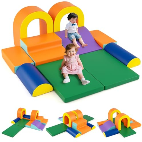 COSTWAY Set di 10 Blocchi da Arrampicata in Schiuma, Palestra da Gioco in Morbida Pelle Sintetica, Strutture Leggere per Scalare, Arrampicarsi, Scivolare, per Bambini 1+ Anno (Arancione)
