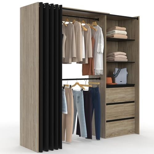 IDMarket - Dressing Extensible Double Marty 120/170 x 50 x 180 cm | Coloris hêtre et noir, avec double penderie + 3 étagères + 3 tiroirs + rideau noir