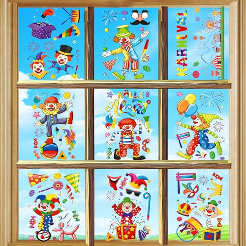 YOUYIKE Fönsterbilder karneval, elektrostatisk adsorption, självhäftande fönsterklistermärken, clown, fönsterklistermärken, dekoration, karnevalsfest, fönsterbilder, barnrum, födelsedagsfest