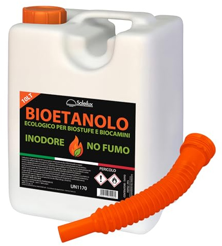 SOLEILUX Bioetanolo combustibile per stufe Bio 10LT Con travasatore in omaggio - inodore no fumo naturale no zolfo