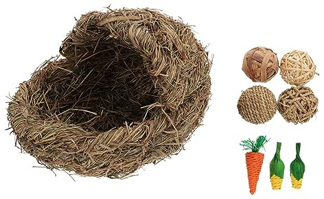 Toddmomy Natural Reed Grass Woven Nest Pet Grass House for Rabbits and Hamsters with Play Balls and Carrot Safe Chewable Resting Hut for Small Pets