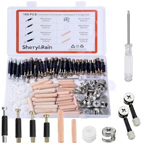 160Pcs Connecteurs de Meubles Excentriques Kit, Vis Assemblage Meuble Comprend Boulons Raccords de Came,Écrous Pré-insérés,Cheville Bois, Goujons à Visser, Ferrure d'assemblage pour Fixation Meuble