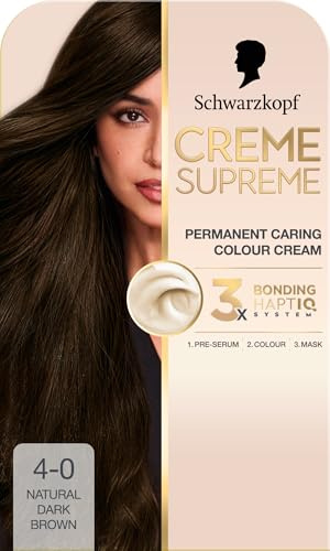 Schwarzkopf Creme Supreme Hair Dye, 4-0 Natural Dark Brown | Permanent; Caring Colouration, 3-Step Bonding System Against Damage, with Serum & Mask, 100% Grey Coverage, Even Results