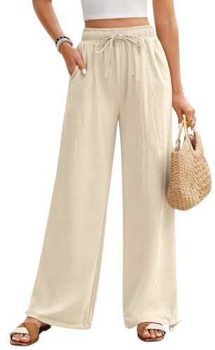 Niwicee Pantalon Fluide Femme Été Pantalon Femme Coton Décontracté avec Cordon Elegant avec Poches Pantalon Droit à Jambes Larges Printemps Pants (Kaki, XL)