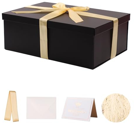 Caja de regalo Negro con tapa 31.5 x 21.5 x 11 cm, Cajas de Regalo Premium con Tapa y Cinta para Regalos de San Valentín, Navidad Incluye Papel seda triturado Tarjetas sobre