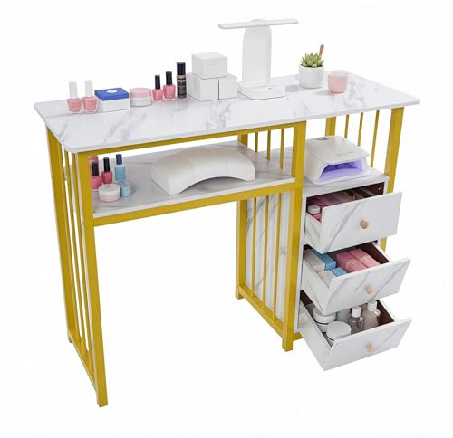 KLOOLIVE Manikyrbord med 3 lådor och 2 hyllor, manikyrbord, 30 kg lastkapacitet nagelbord, skrivbord för nagelstudio, nageltoalettbord för vardagsrum, kontor, nagelstudior, 100 x 40 x 76 cm