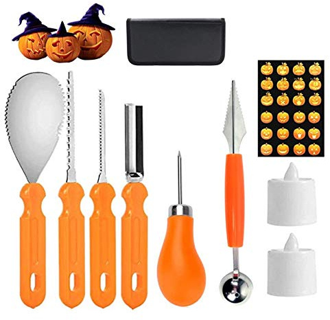 Herefun Halloween Kit de Sculpture de Citrouille, 9 Pcs Pumpkin Carving Kit Outils de Sculpture en Acier Inoxydable Professional 2 Bougies et Pochoirs de Découpage pour la Décoration d’Halloween