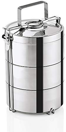 WAS 4702 163 Edelstahl Thermoetagentransportbehälter mit Tragegrif, 3 Speiseeinsätze, 16cm Durchmesser, 35cm Höhe