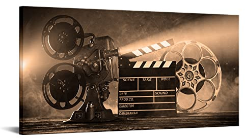 LevvArts Large Canvas Wall Art Classic Old Fashion Film Reels Poster Filmmaking Concept Scene Retro Sepia Pictures for Bar Pub Home Movie Theater Media Room Decor Ready to Hang 24x48