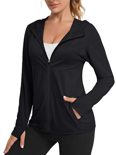 TACVASEN Damen UPF 50+ Rash Guard Sweatjacke Atmungsaktiv Kapuzejacke Leicht Jacke Sun Shirt Laufshirt mit Daumenloch (Schwarz, M)
