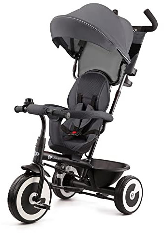Kinderkraft ASTON Dreirad ab 9 Monate bis 25 kg, Kinderdreirad mit schubstange, drehbarer Sitz Vorwärts und Rückwärtsfahrt, ausklappbarem Verdeck mit sonnenschutz, Getränkehalter korb im set, Grau