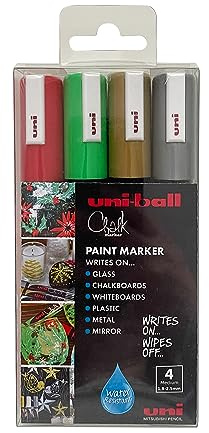 uni-ball PWE-5M Lot de 4 marqueurs à craie liquide multi-usages effaçables pour tableaux, tableaux noirs, tableaux blancs, verre, miroirs, plastique, fenêtres, métal, tons de Noël, pointe ogive 5 mm