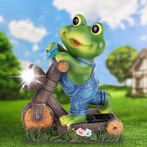 Solar Frog Garden Ornament - Outdoor LED Waterproof Animal Statue and Gnome Gifts for Women, Men, and Gardeners (10 Inch)