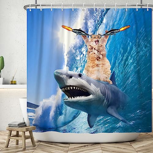 SDOTPMT 180x180cm Cortina de Baño Divertida y Encantadora de Gato y Tiburón - Olas Azules, Dibujos Animados, Verano - Decorado Infantil Con Lazos de Cinta de Poliéster
