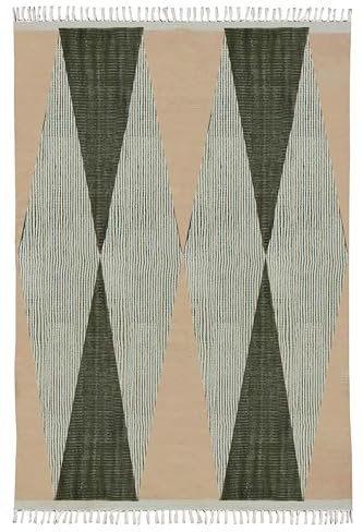 CASAVANI Kelim-Teppich mit 3 Quadraten, Boho-Teppich, handgefertigter Teppich, beige und grün, Baumwolle, leicht waschbar, Flachgewebe, Teppiche für kleines Schlafzimmer, quadratisch, Esstisch,
