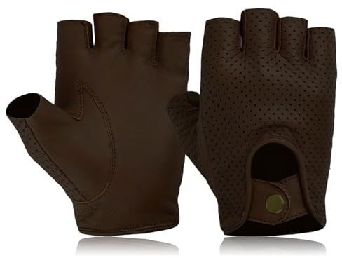 COLOURLINX Unisex herr damer fingerlösa äkta läder körhandskar halvfinger utomhussport gym cyklist cykling motorcykel rullstolshandskar (mörkbrun, M)