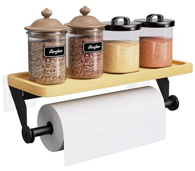 SWTYMIKI Küchenrollenhalter Ohne Bohren - Papierrollenhalter mit Holz Gewürzregal, Küchenregal Wand, Halter Küchenrolle für Badzimmer und Küche Aufbewahrung & Organisation, Edelstahl, Schwarz