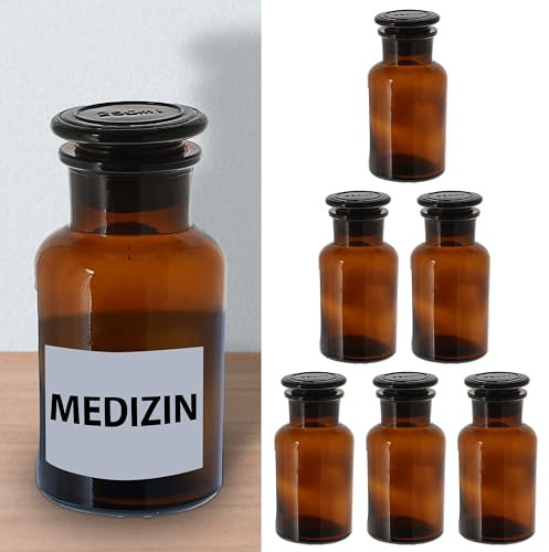 Cepewa Lot de 6 bouteilles de pharmacie - Marron - 125 ml - 5,5 x 11 cm - En verre - Avec bouchon en verre - 1 lot de 6 flacons de pharmacie de 250 ml