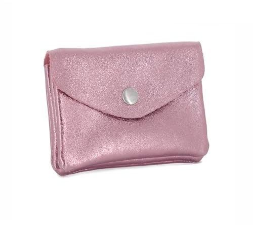 Double Tree - Porte-Monnaie Femme en Cuir Véritable Irisé - Petit Portefeuille Brillant à Rabat Format Enveloppe Élégant - Léger et Pratique - Rose