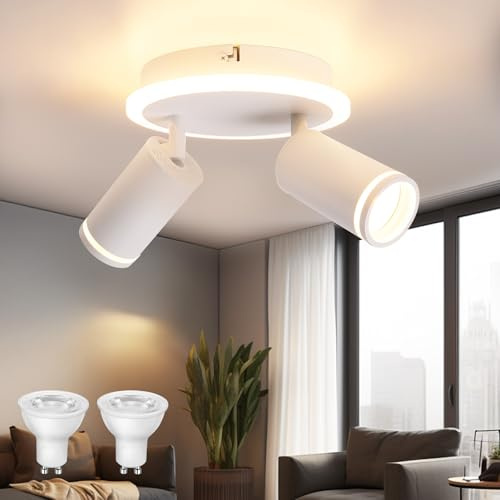 Taklampa med 2 vattentät spotlight, modern vit takspotlight, taklampa med lägre belysning 6W + 2 x 5 W GU10 LED-spotlight, varmvit 3 000 K, LED-spotlight för kök vardagsrum sovrum