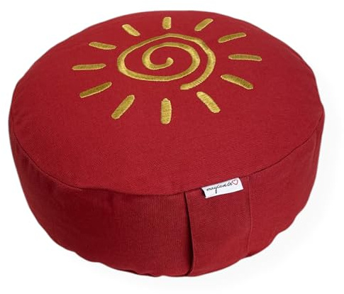 maylow Yoga mit Herz® Cuscino da meditazione di alta qualità con ricamo Shanti Sole, fodera lavabile, cuscino interno con bucce di grano saraceno, diametro 33 cm, altezza 15 cm (personalizzazione su