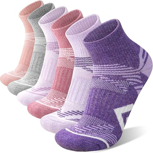 ANTSANG 6 Pares de Calcetines de Tobillo de Lana Merino para Correr Senderismo Caminar Trabajar con Transpirables Térmicos Cálidos Gruesos Calcetines de Cuarto para Mujer y Hombre(36-42, Rosa-Púrpura)
