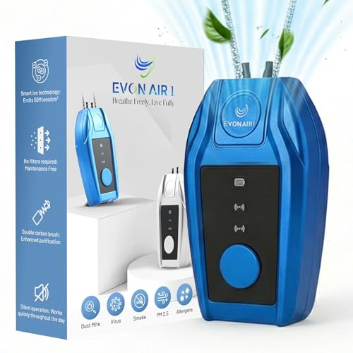 Evon Air 1 Tragbarer tragbarer Luftreiniger, persönliche Ionisator-Halskette, 50 Millionen negative Ionen, wiederaufladbar über USB, 120-Stunden-Akku, PM2.5 und Smog-Reiniger