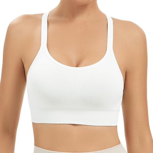 Comfyin Racerback Sports Bras for Women Unpadded Workout Bralette Seamless Yoga Gym Fitness Top,White,M