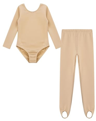 Yhong Costume da Danza Balletto Ginnastica per Bambina Completo Foderato in Pile Body A Manica Lunga con Leggings Colore Solido Abbigliamento Danza Balletto Un Girocollo Color Carne 10-11 Anni