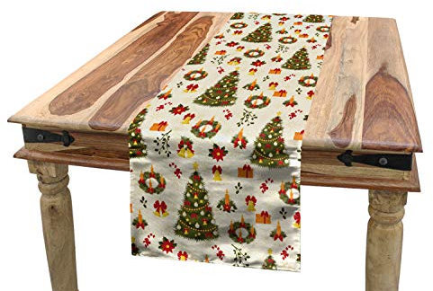 ABAKUHAUS Weihnachten Tischläufer, Cartoon Bäume Glocken, Esszimmer Küche Rechteckiger Dekorativer Tischläufer, 40 x 180 cm, Eierschalenfarben Olivengrün