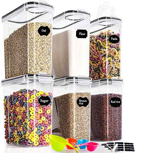GoMaihe 4L Boite de Rangement Cuisine Lot de 6, Bocaux Hermetiques Alimentaires en Plastique Scellée avec Couvercle, pour Stocker Les Cereales, Pâtes, Farine, Nourriture pour Animaux de Compagnie