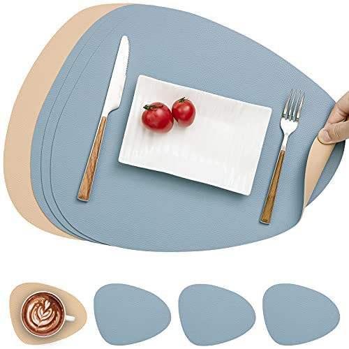 Myir JUN Tischsets Leder und Untersetzer, Tischsets Abwaschbar Rund Doppelseitigen rutschfest Platzdeckchen Leder Kunstleder Tischset Lederoptik Platzset (Kamelgelb Hellblau, Satz von 4)