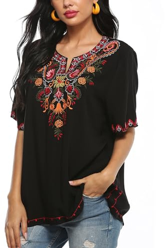Higustar Mexican Embroidered Tops for Women Bohemian Peasant Shirts Boho Tunic Traditional Clothes Floral Fiesta Blouse Black