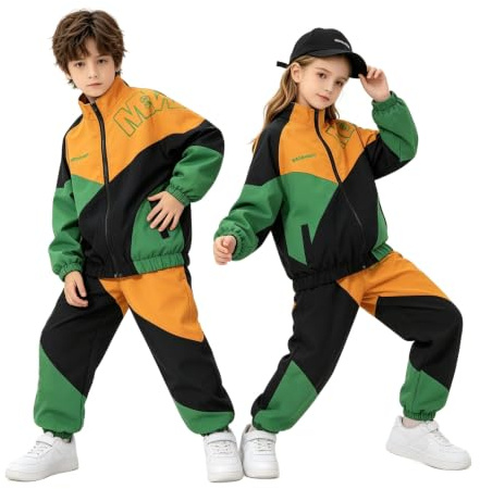 LOLANTA Unisex Hip Hop set för pojkar och flickor, 2-delat streetdanskläder, sportjacka och joggingbyxor för gatudans eller daglig användning, grön, 10-11 años