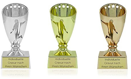 Zelaro Mini Pokal mit Gravur Wunschtext | Fussball Pokal Wanderpokal | Pokale Kindergeburtstag als Geschenk für Kinder, Frauen und Männer | Trophäe Mini Pokal Fussball Cup in 3 Farben | 12cm (Gold)