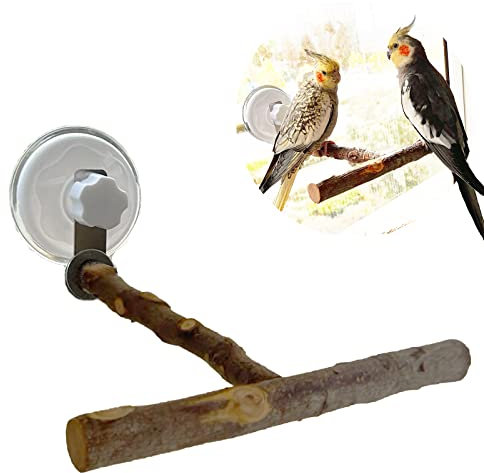 Vogel-Fenster/Badewanne/Auto/Reise-Sitzstange mit Saugnapf für kleine und mittelgroße Vögel, Papageien, Sittiche, Nymphensittiche, Wellensittiche, Lovebirds – (T-Type Wood WindowPerch)