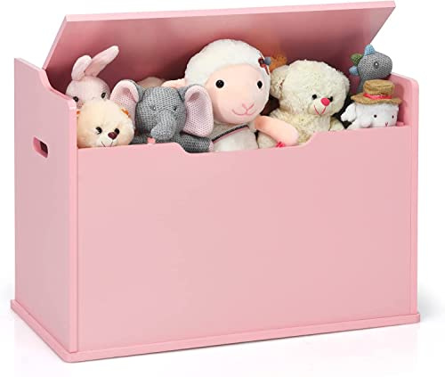 Kids Wooden Toy Chest, Wide Toy Box Storage Chest with Bench Seat, Toddler Storage Trunk Case with Finger-Pinch Prevention, Lift-Top Foot Rest Seat for Bedroom Playroom Entry (Pink)