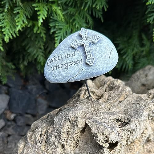 eberin · Friedhof Gedenkstein/Trauerstein/Spruchstein für das Grab · Trauersteine mit Motiv + Sprüchen zum Stecken · Grabschmuckstein grau antik (Motiv Kreuz)