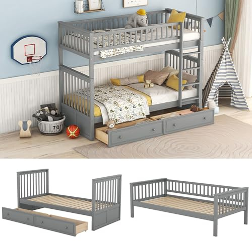 Hochbett 90x200cm Etagenbetten mit Zwei Schubladen,Lattenrost,Rausfallschutz,umbaubar in Zwei Einzelbetten, aus Vollholz massiv,Funktionsbett Kinderbett,Grey