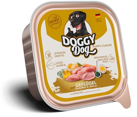 DOGGY Dog Paté Geflügel Puppy/Junior, 10 x 150 g, Nassfutter für junge Hunde, getreidefreies Welpenfutter mit Lachsöl und Grünlippmuschel, Hundefutter mit Kartoffeln und Möhre, Made in Germany