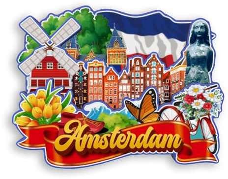 Quwsne Magnete da frigorifero Amsterdam Paesi Bassi magnete da frigorifero souvenir da viaggio in città regali turistici 3D classici punti di riferimento artigianali fatti a mano decorazione della
